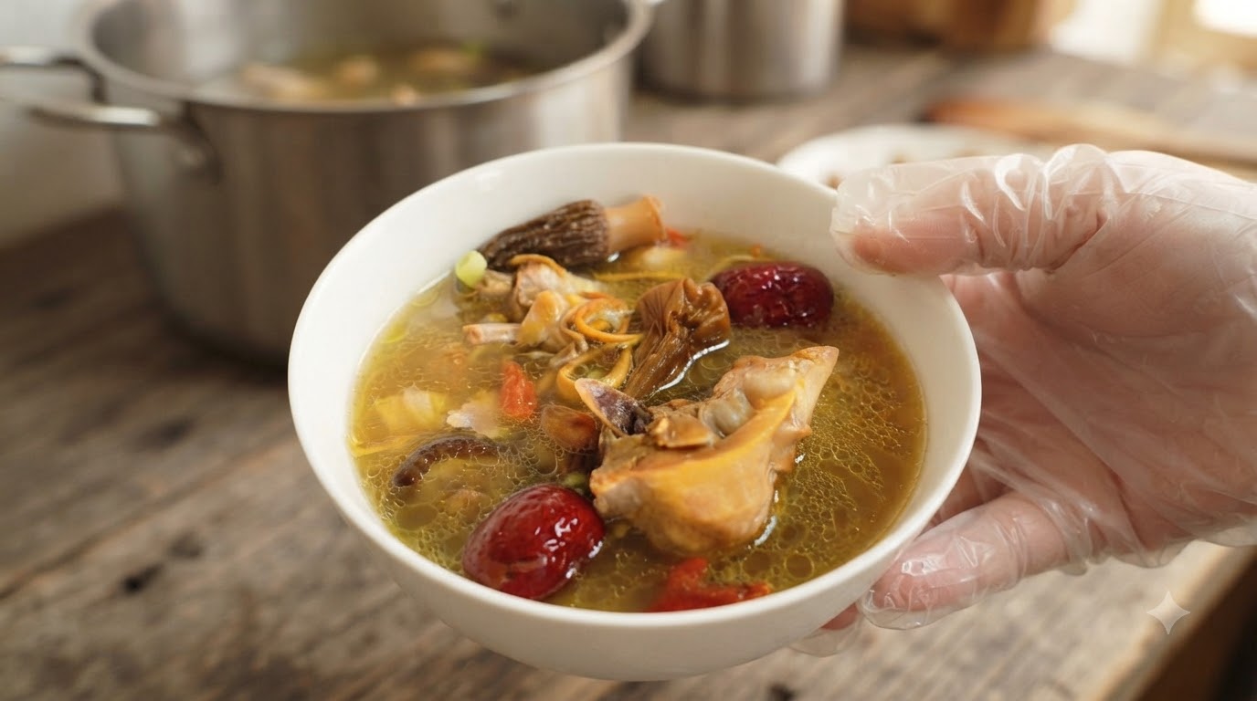 Zuppa dorata di pollo e funghi