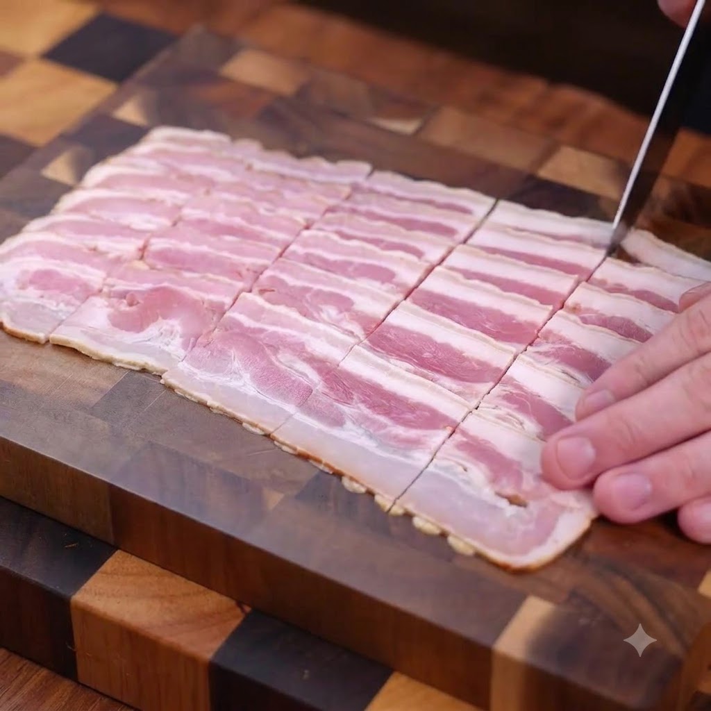 Taglio della pancetta cruda affumicata a pezzetti su un tagliere di legno.