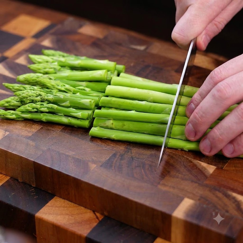 Taglio dei gambi di asparagi verdi a piccoli pezzi con un coltello.