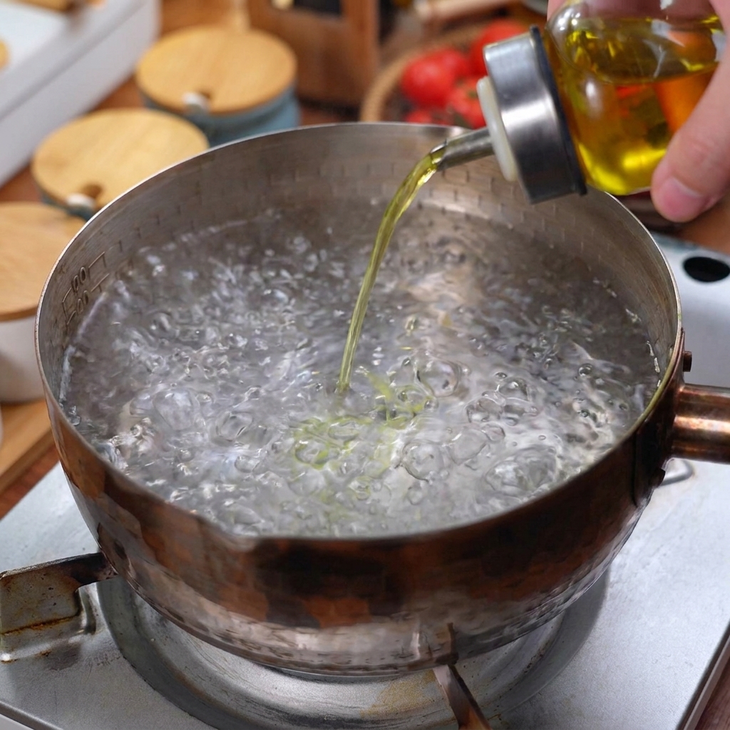 Olio da cucina versato in una pentola dacqua che bolle.