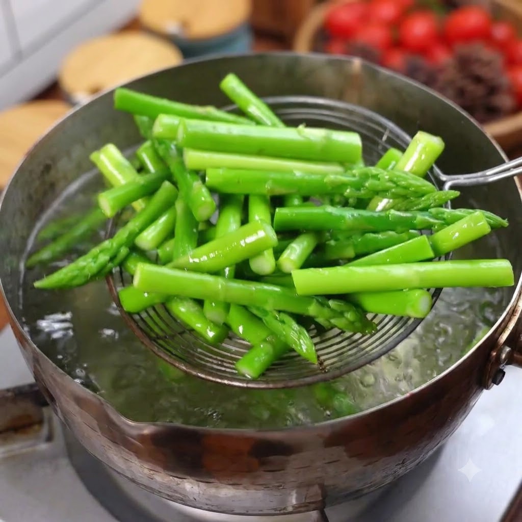 Estrazione degli asparagi verdi sbollentati dallacqua bollente con una schiumarola.