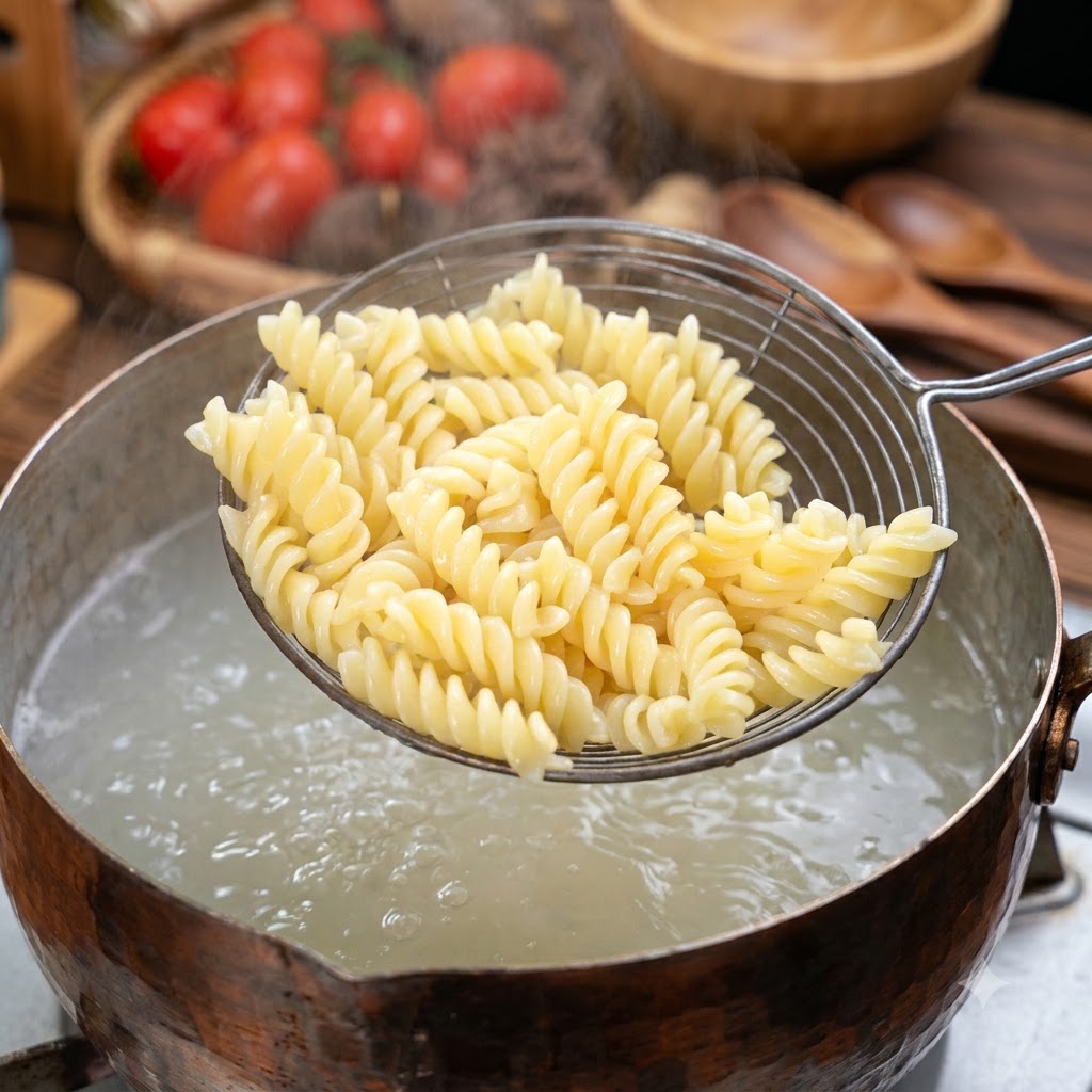 Fusilli cotti estratti dallacqua bollente con una schiumarola.
