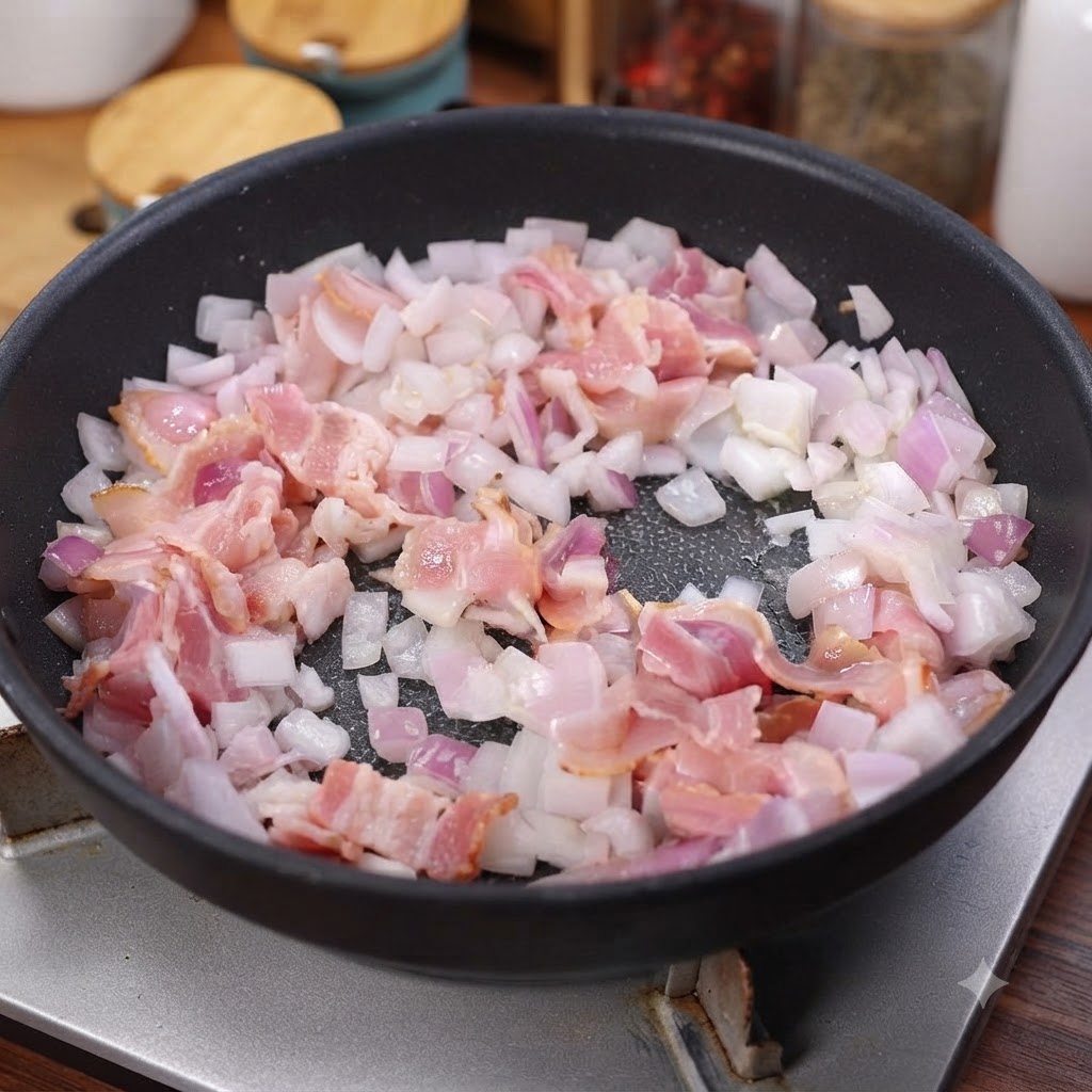 Fette di pancetta affumicata e cipolle a cubetti che cuociono insieme in una padella.