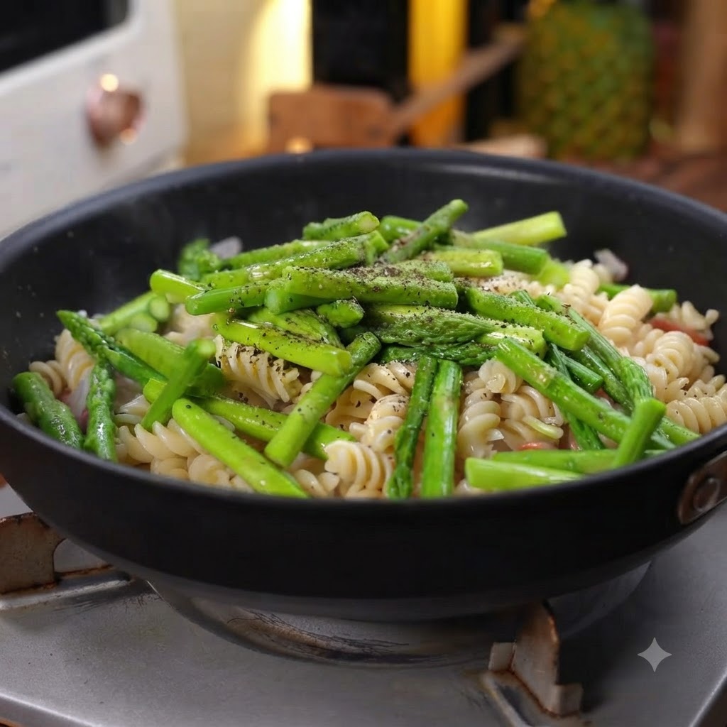 Macinata di pepe nero fresco su una padella con pasta, asparagi verdi e pancetta.