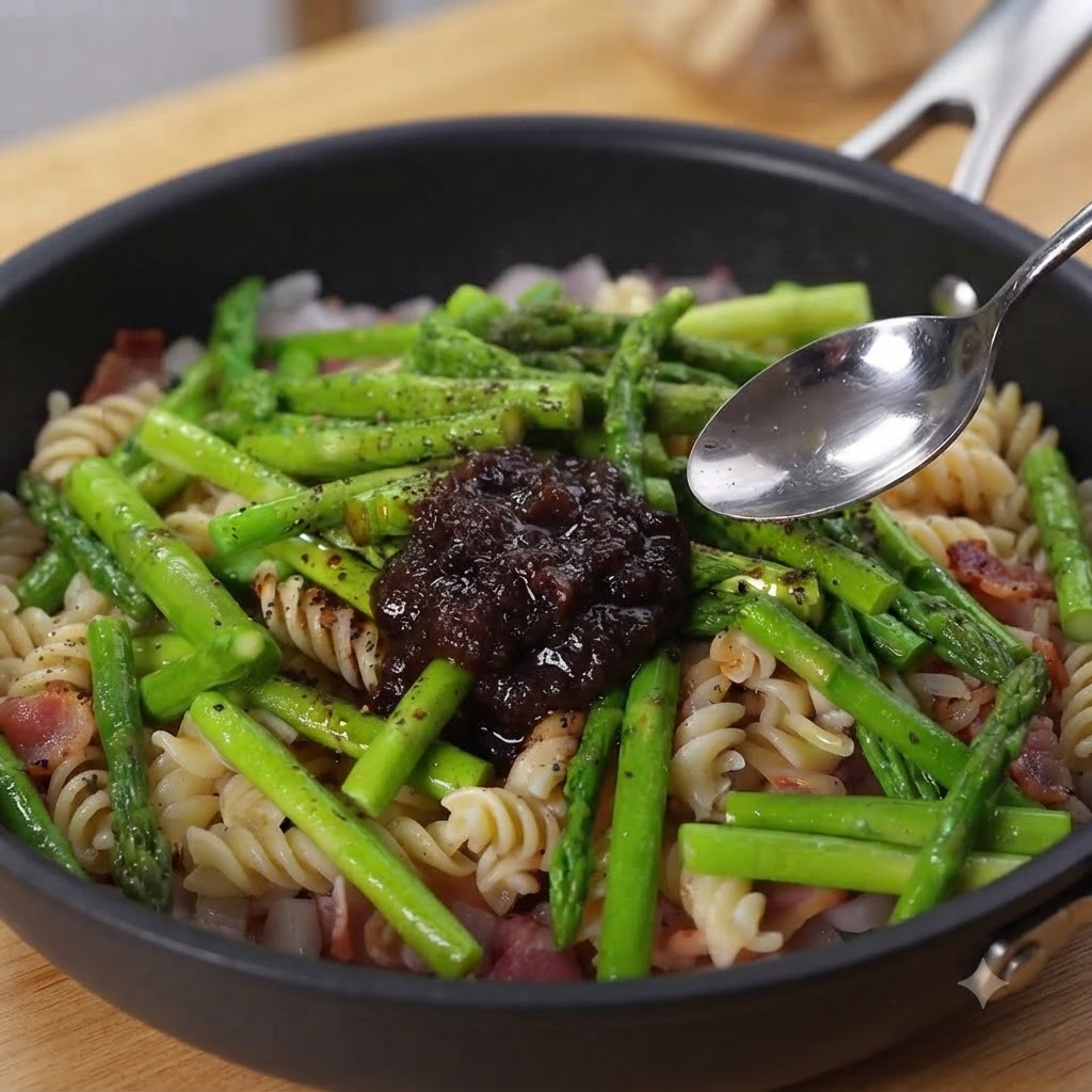 Un cucchiaio di metallo che versa densa salsa al tartufo nero sui fusilli e asparagi cotti.