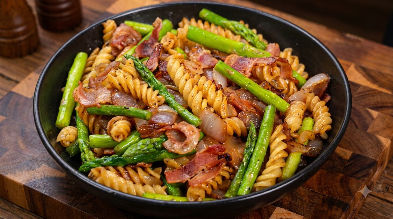 Fusilli con Asparagi, Pancetta e Tartufo