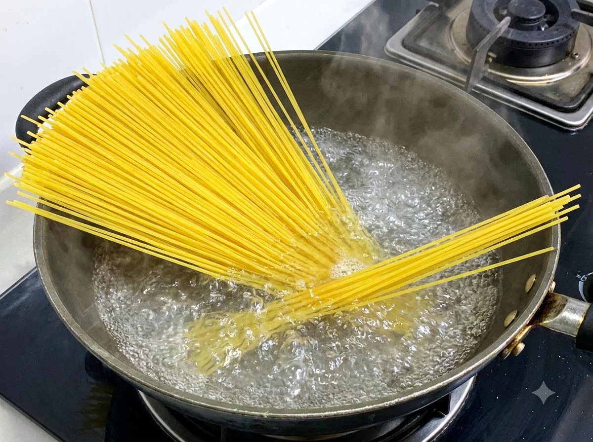 Lunghi spaghetti gialli che bollono in una pentola di acqua calda gorgogliante.