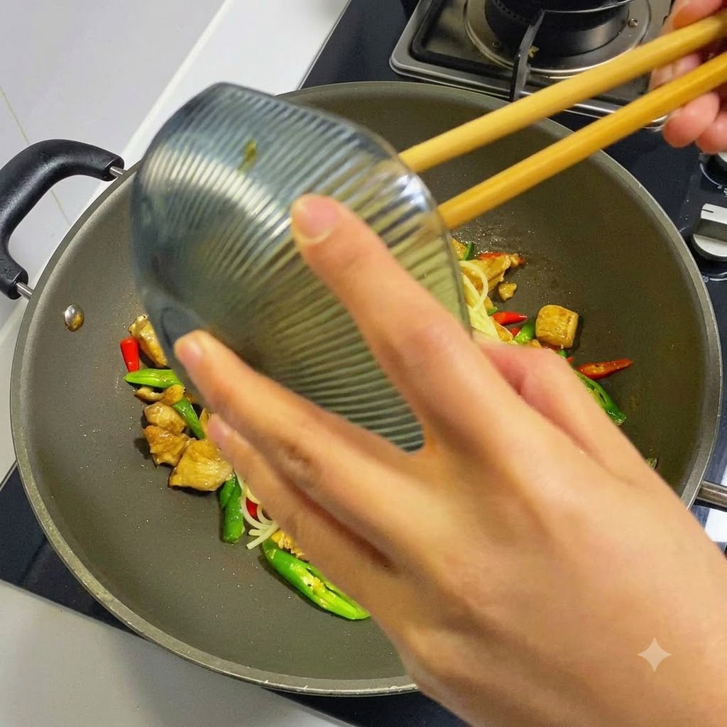Mani che versano una salsa scura e saporita da una ciotolina in un wok sopra spaghetti e pollo.