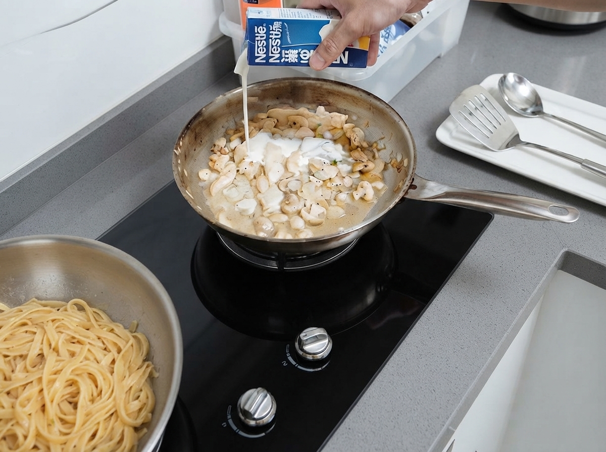 Panna fresca versata da un brick in una padella con pollo e verdure.