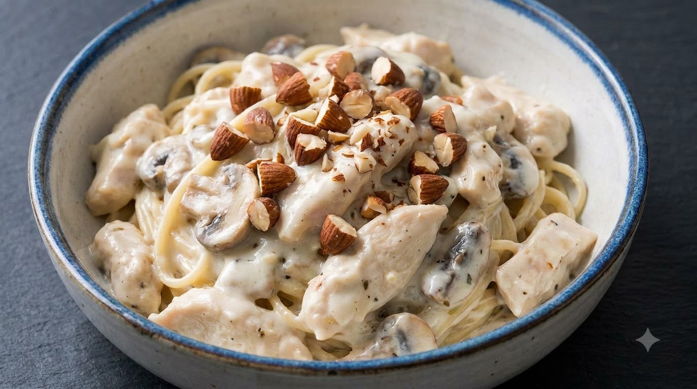 Un piatto di pasta cremosa al pollo e funghi, condita con salsa alla panna e guarnita con mandorle a scaglie