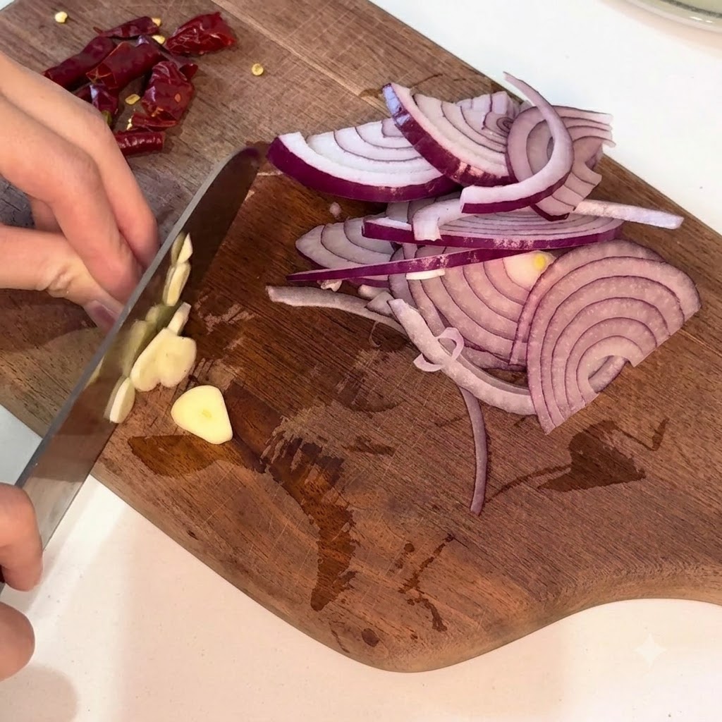 Spicchi daglio pelati tagliati a pezzi sottili accanto a cipolle rosse affettate su un tagliere.