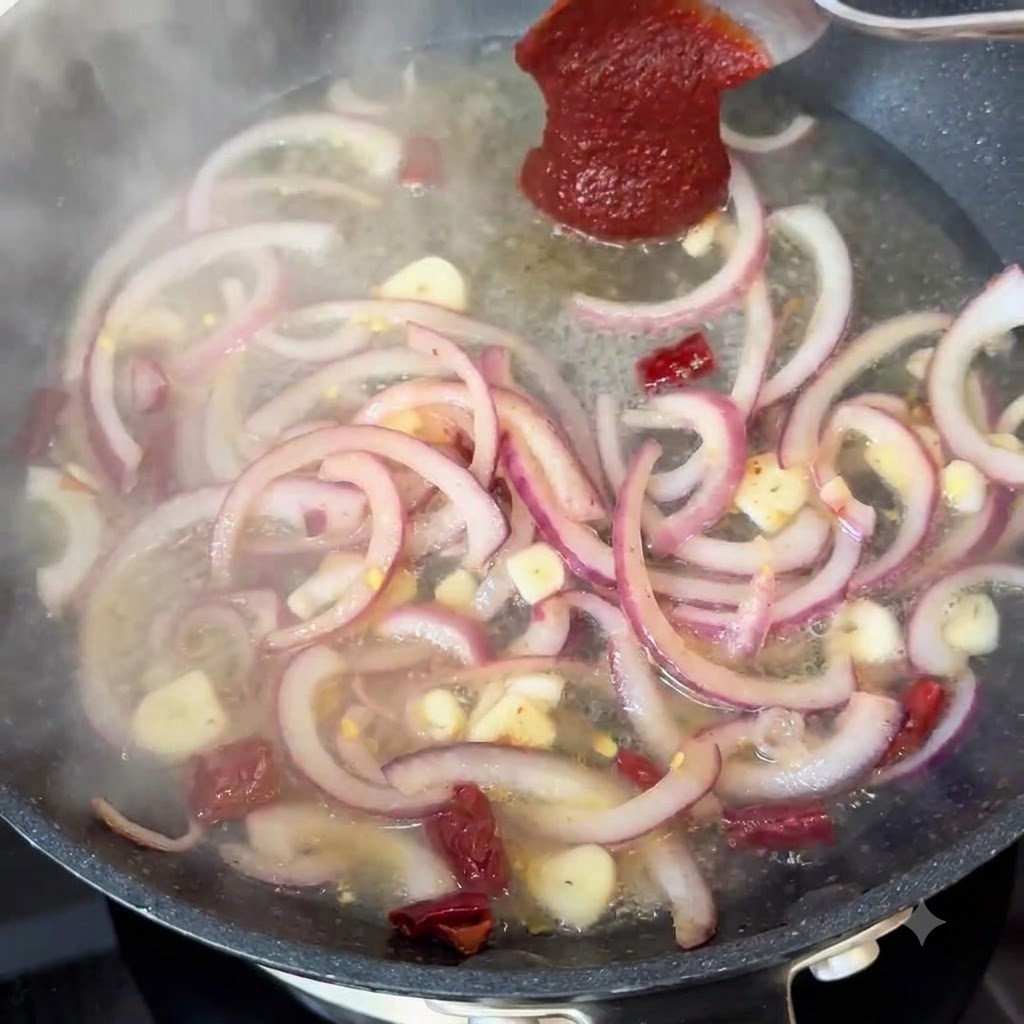 Pasta piccante coreana versata con un cucchiaio in una padella piena dacqua, cipolle affettate e condimenti.