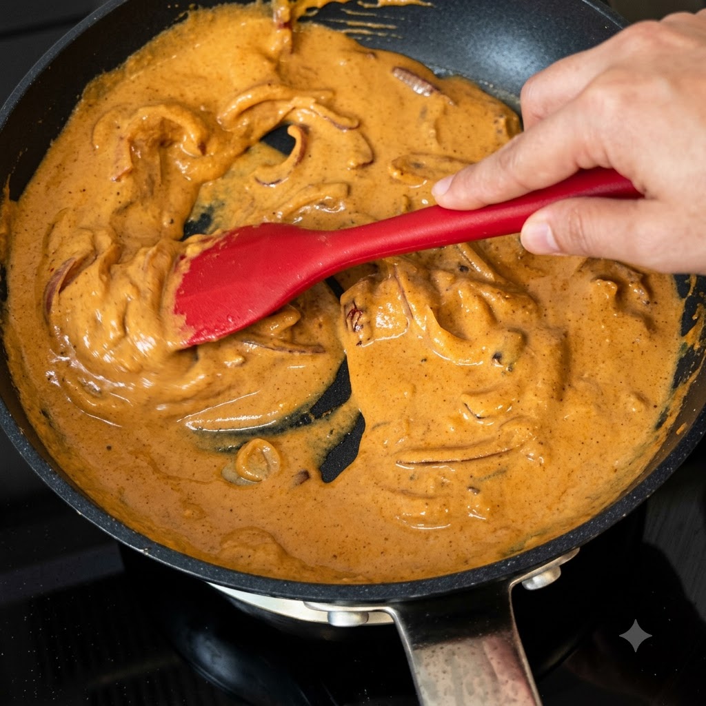 Una spatola rossa che mescola una salsa al curry e panna liscia e ricca di colore arancione allinterno di una padella.