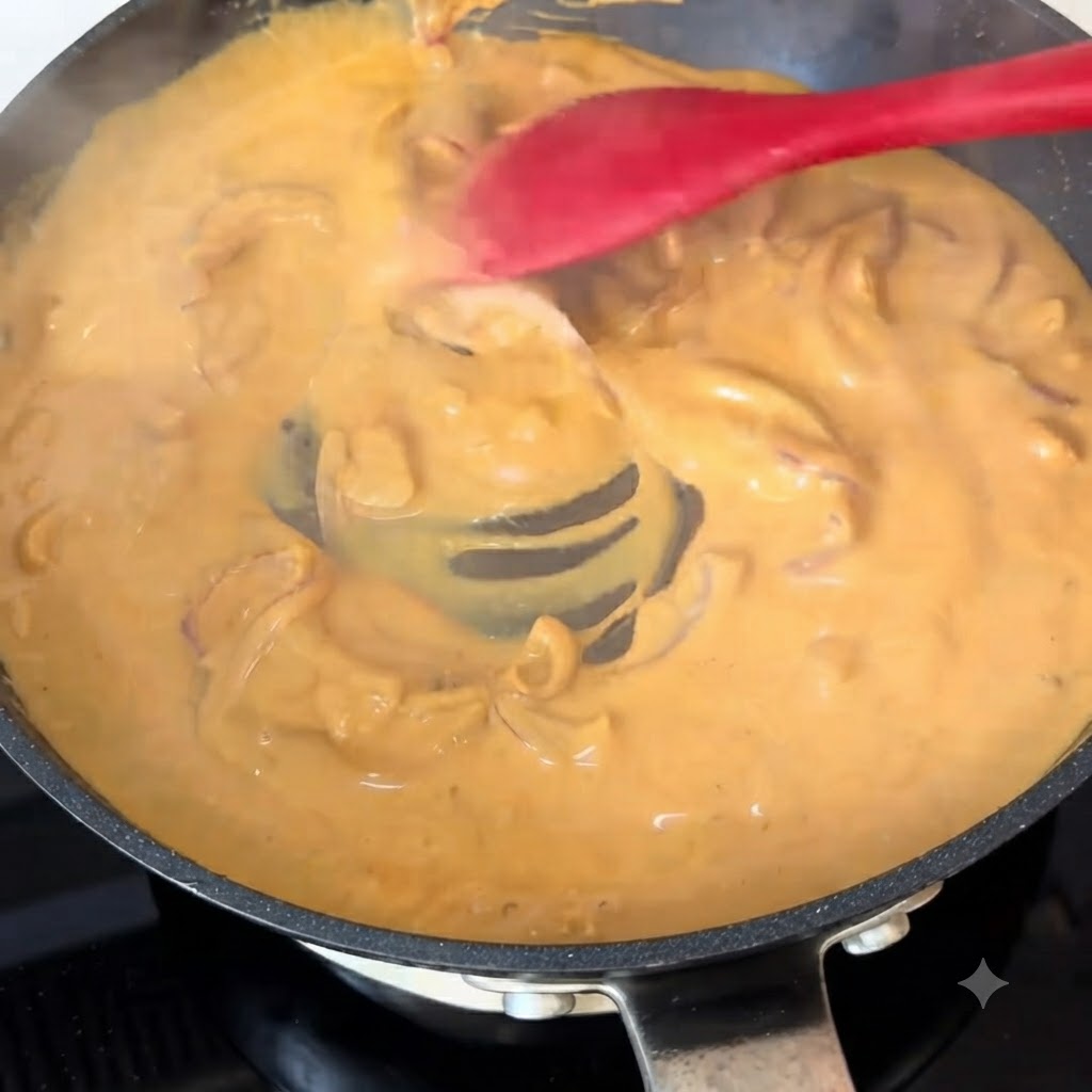 Pasta spaghetti cotta che si mescola in una spessa salsa al curry e panna arancione che bolle allinterno di una padella.