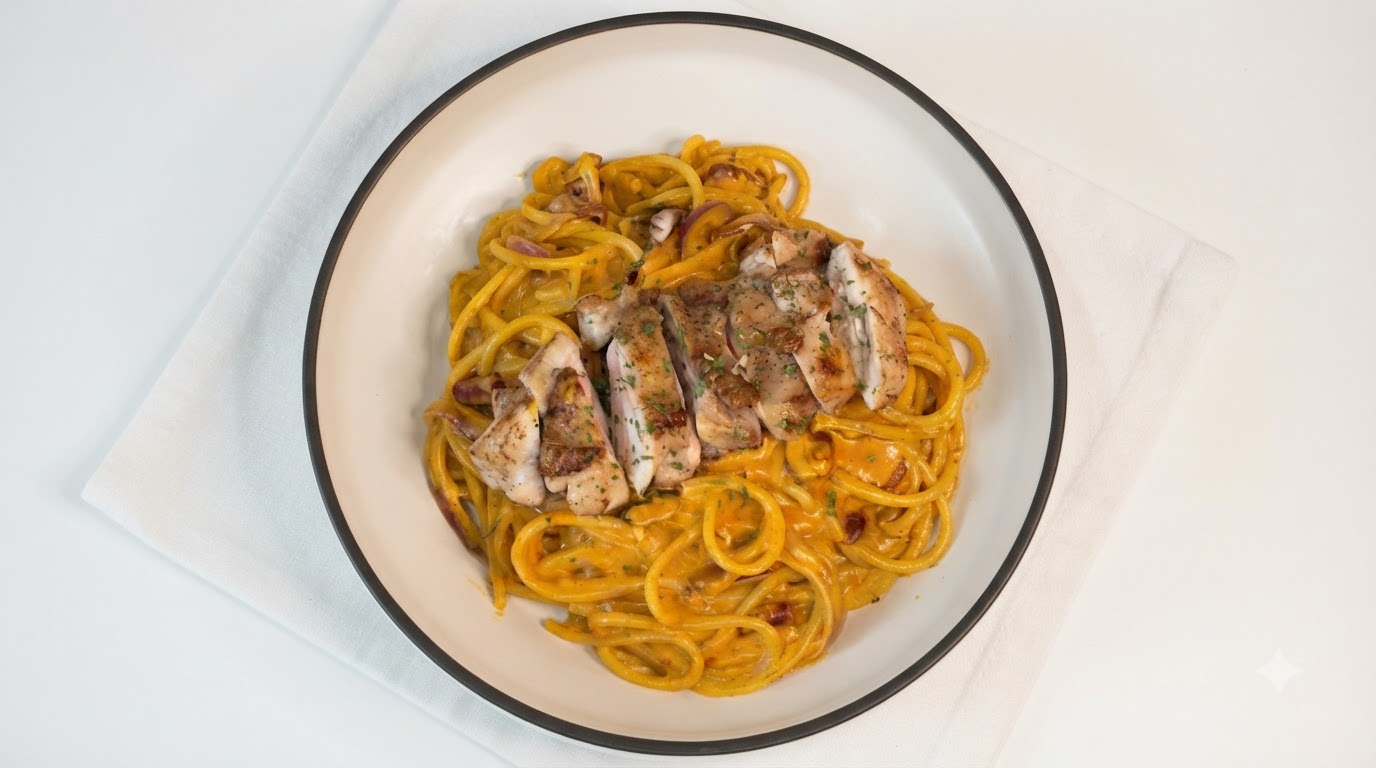 Pasta con Cotoletta di Pollo al Curry Cremoso e Piccante