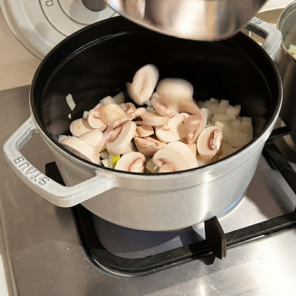Funghi freschi affettati fatti cadere da un contenitore di metallo in una pentola di cottura piena di cipolle.