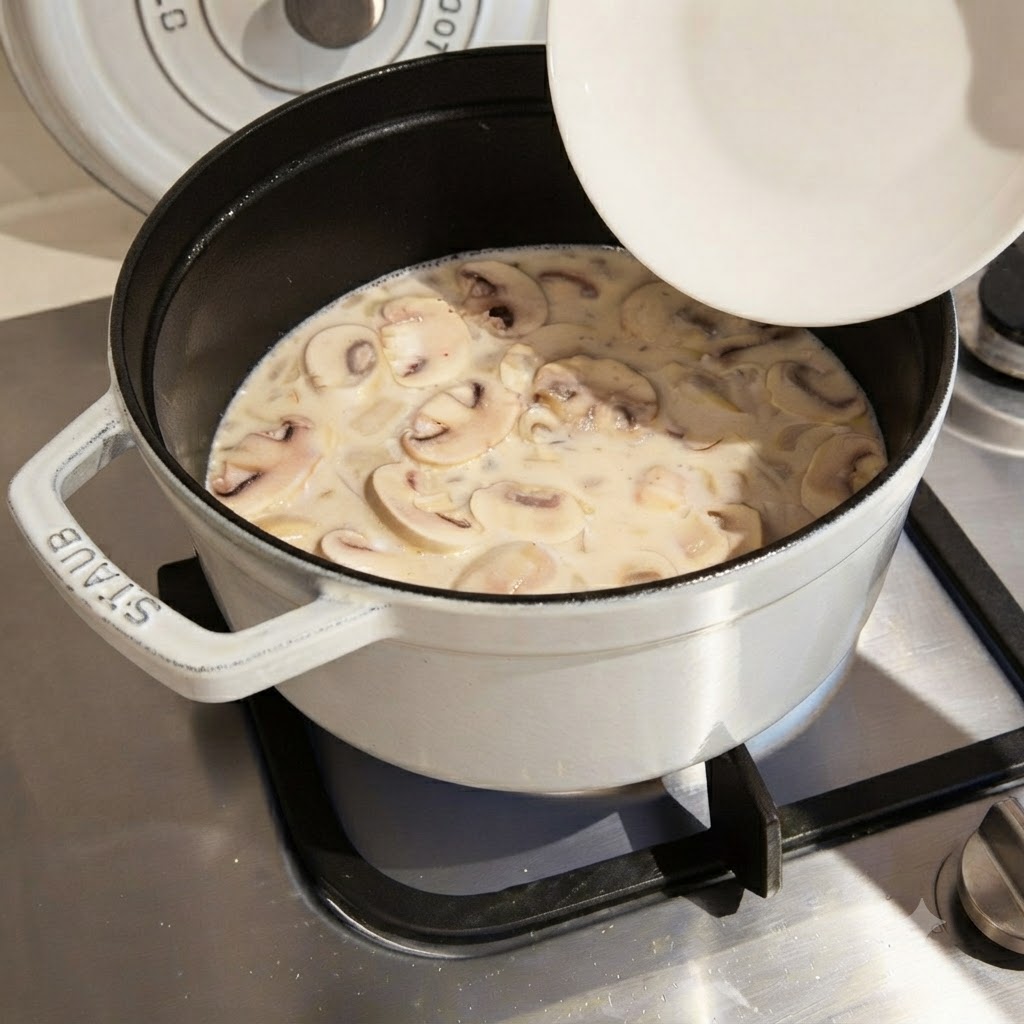 Una miscela di liquidi cremosi con fette di funghi che riempie una pentola su un fornello a gas.