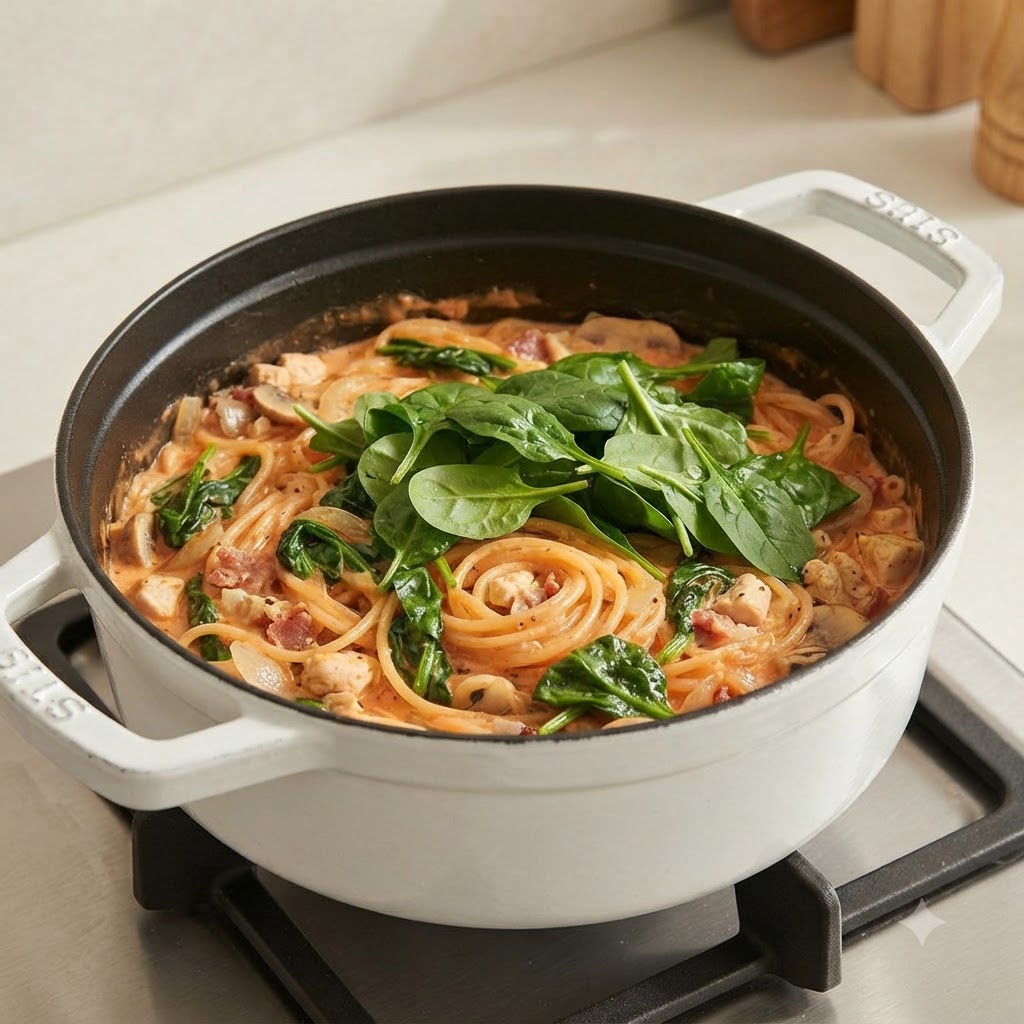 Foglie di spinaci freschi disposte sopra la pasta cremosa con pollo e pancetta in una pentola bianca.