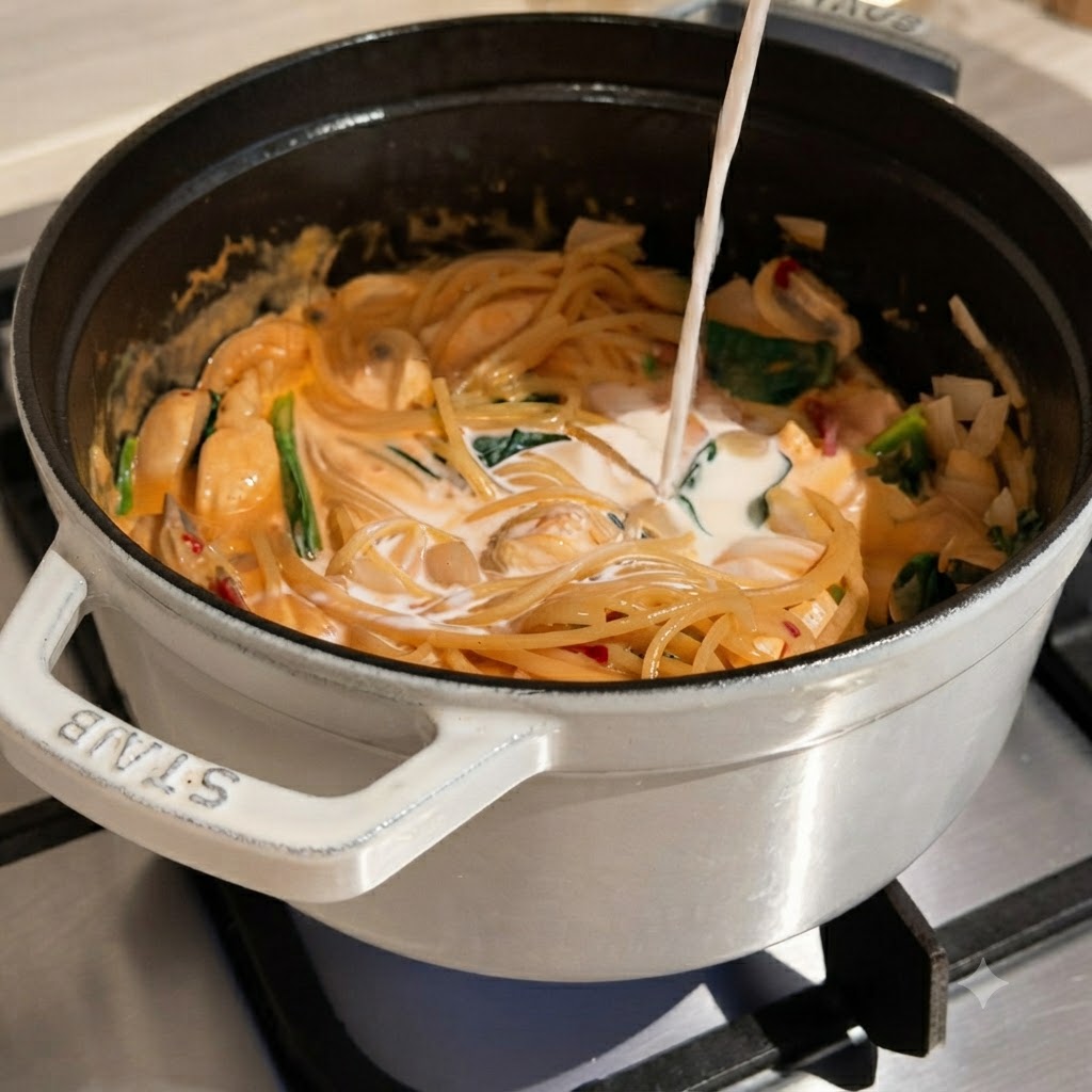 Liquido versato da un beccuccio in una pentola di pasta e salsa in cottura su un fornello.
