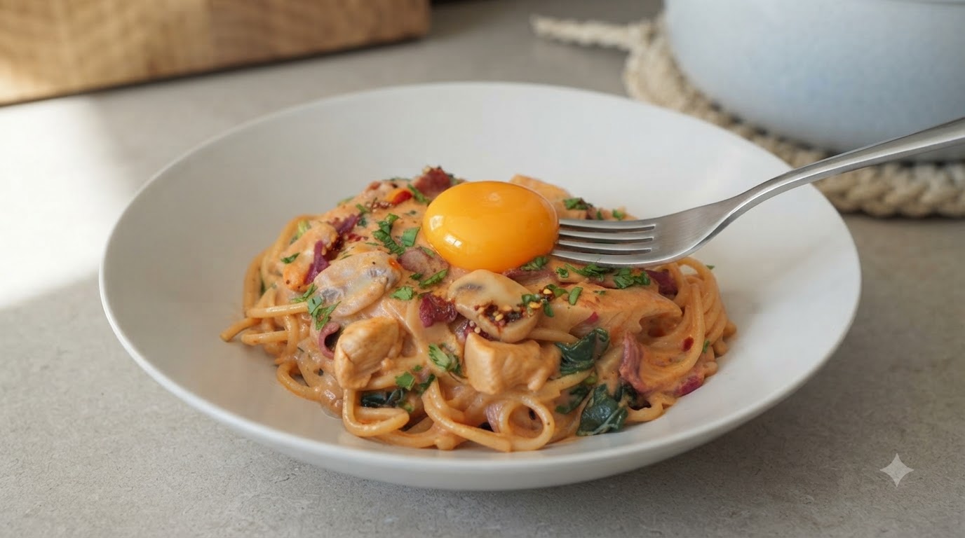 Pasta Cremosa Speziata con Pollo e Pancetta