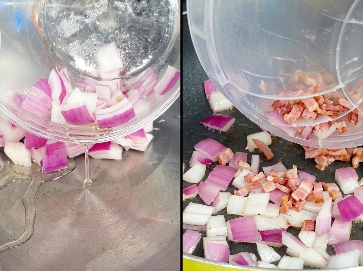 Cipolla rossa tritata e pancetta cruda versate in una padella contenente olio scaldato.