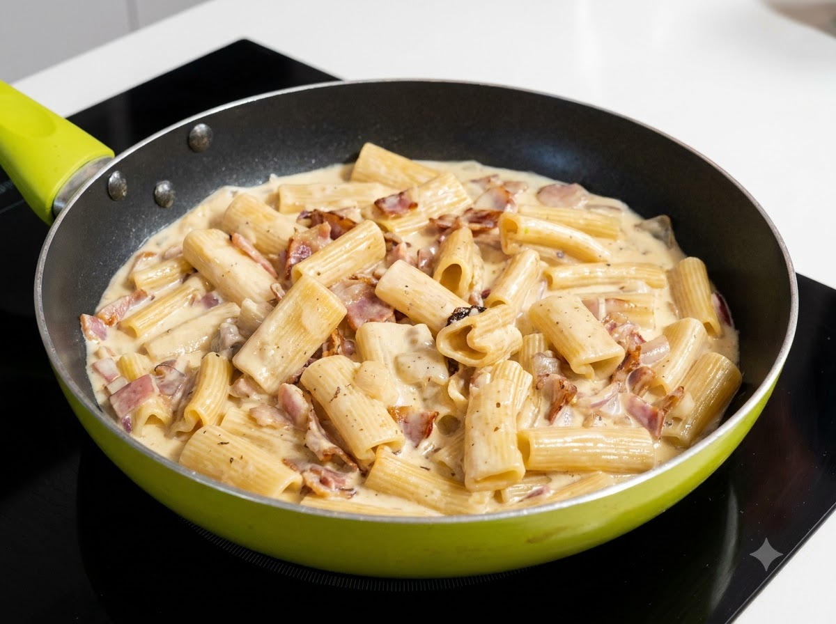 La pasta e la salsa alla crema mescolate accuratamente con la pasta di tartufo, mostrando un colore beige screziato in padella.