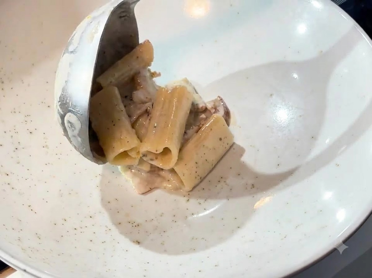 Un mettolino che trasferisce la pasta cremosa da una padella a un piatto da portata bianco.