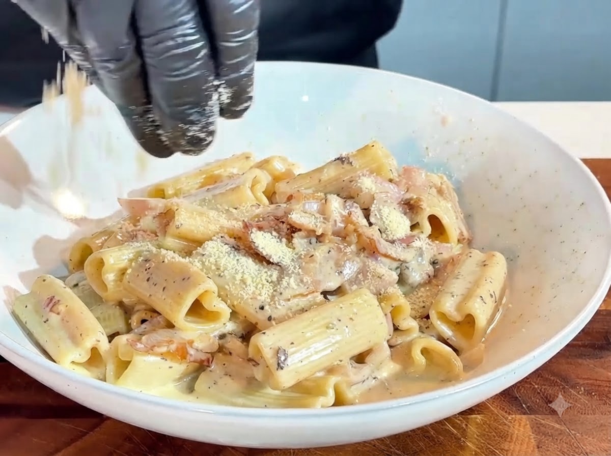 Formaggio grattugiato in polvere spruzzato dallalto su una ciotola di pasta impiattata.