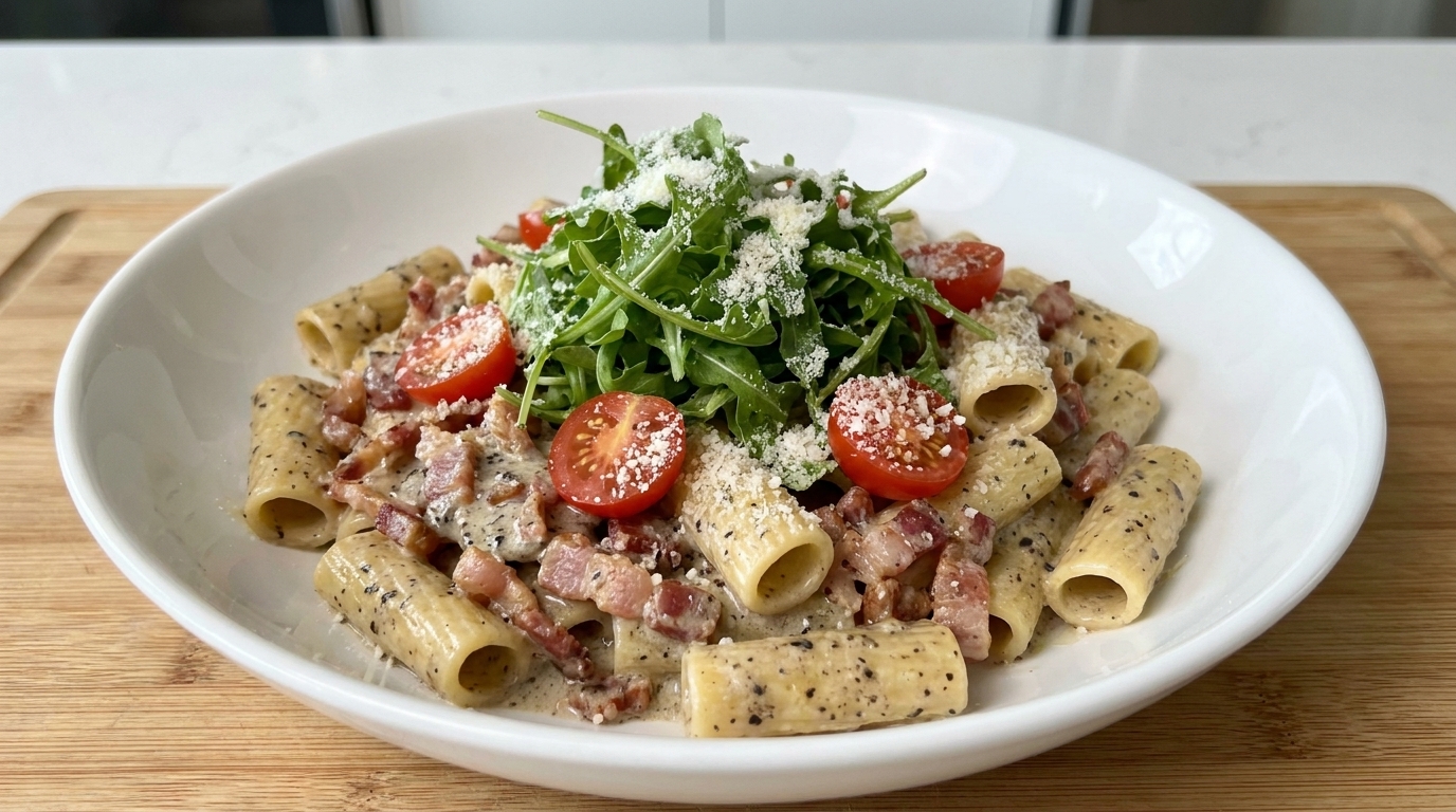 Pasta a forma di cuore con pancetta e crema di tartufo nero