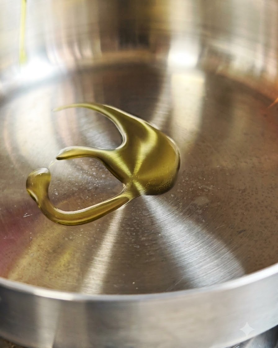 Olio doliva che raccoglie pezzi di aglio tritato in una padella in acciaio inossidabile.