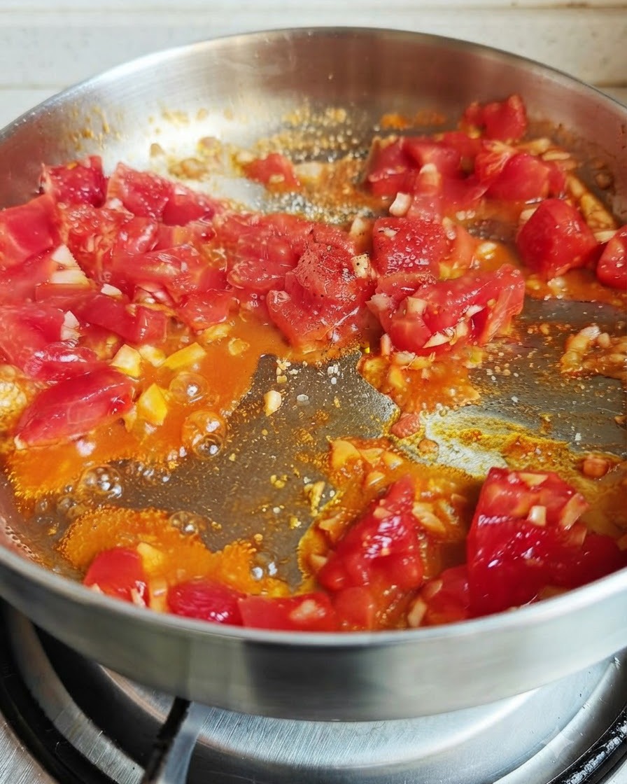 Pomodori in cottura in padella con condimenti sparsi come sale, pepe e salsa di soia.