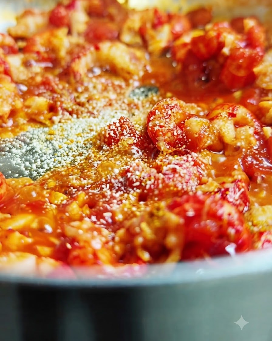 Fine formaggio in polvere che cade e si sparge sulla salsa in ebollizione e sui gamberi nella padella.