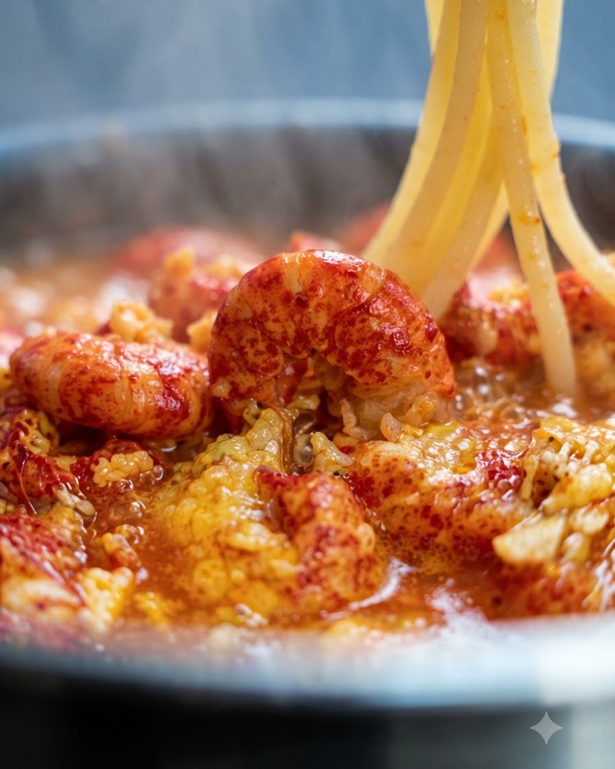 Lunghi fili di spaghetti cotti sollevati e aggiunti nella padella con la salsa ai gamberi.