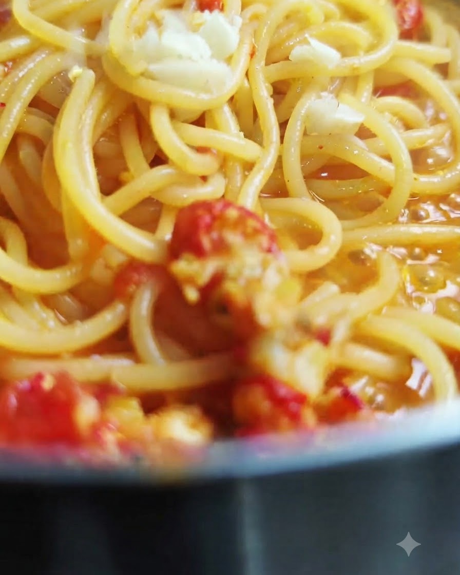 Pezzi di aglio fresco tritato cosparsi sopra gli spaghetti cotti saltati in salsa.