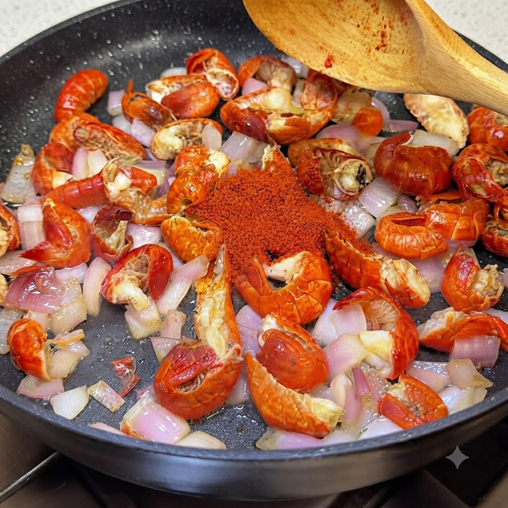 Spezie e pasta di peperoncino accumulate sopra i gamberi e le cipolle in padella, con un cucchiaio di legno vicino.