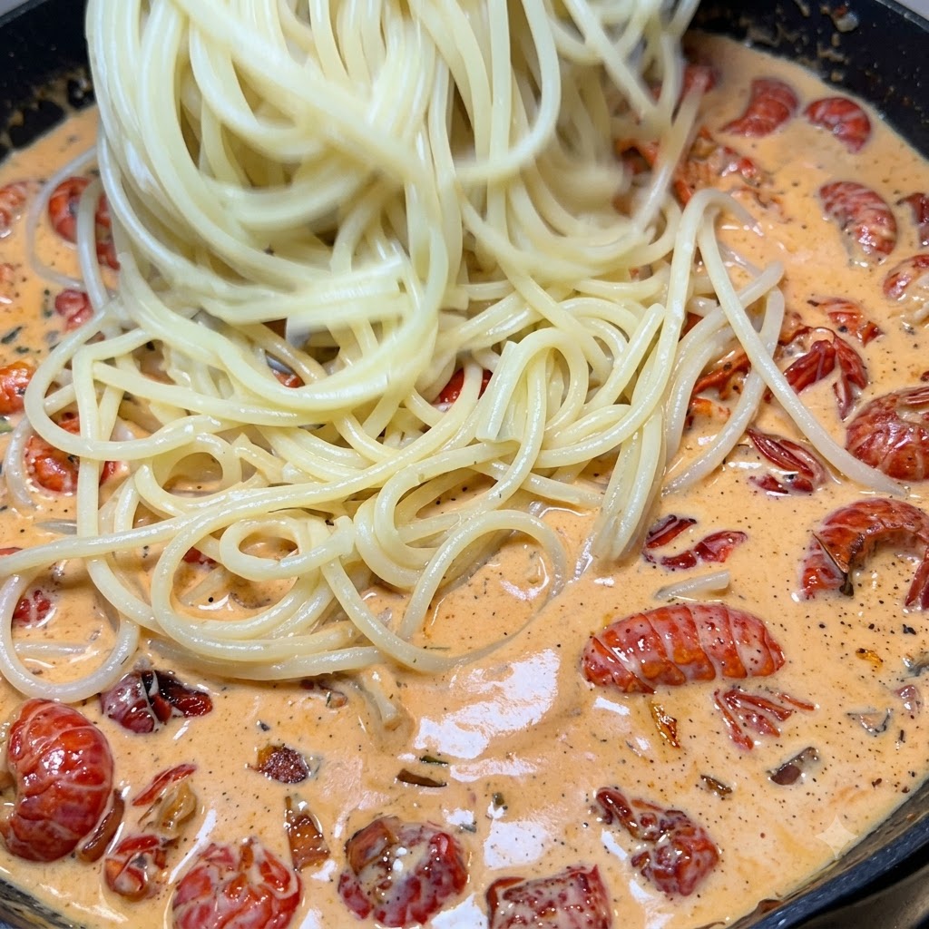 Spaghetti versati in una padella piena di salsa cremosa ai gamberi.