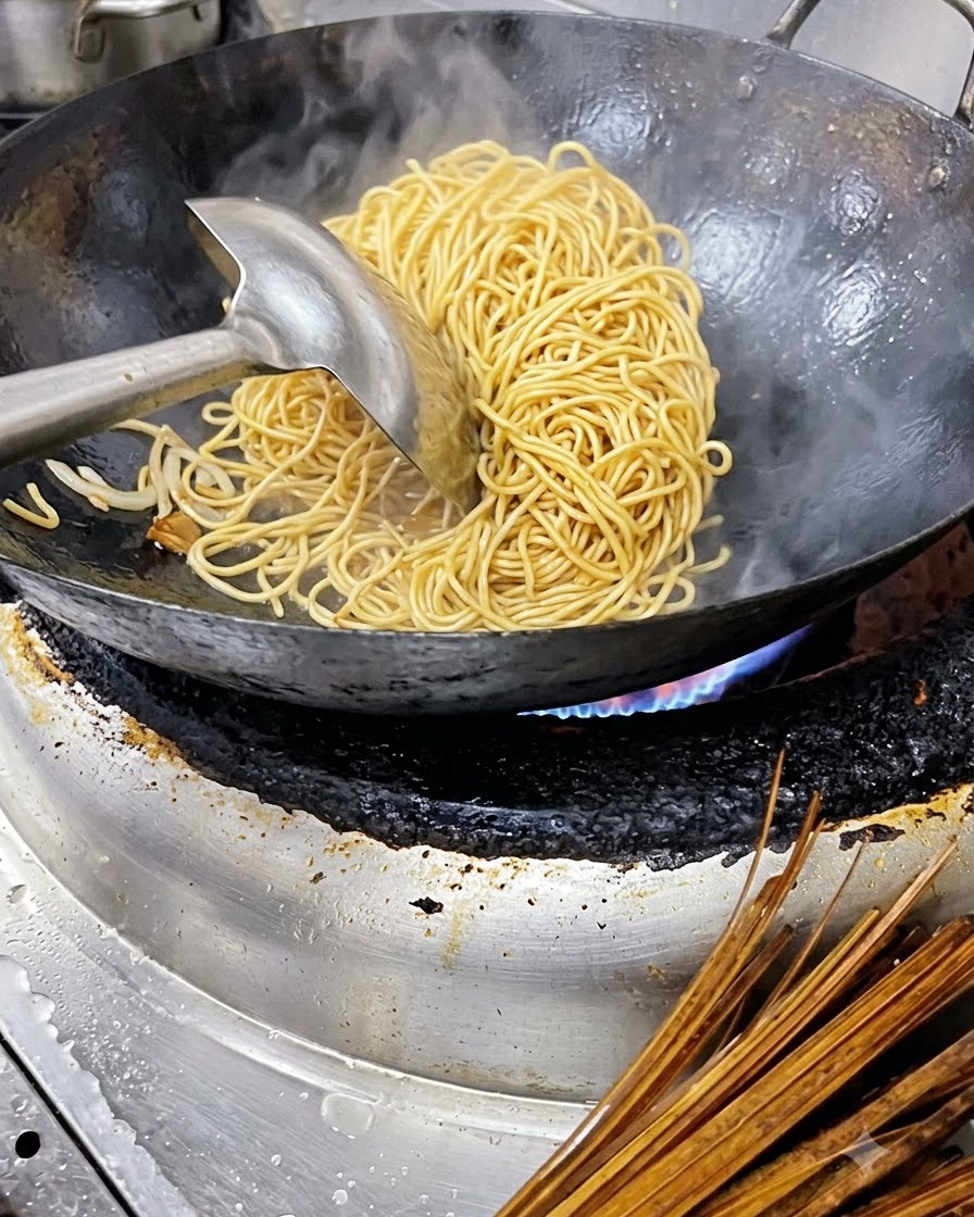Noodles gialli bolliti saltati in un grande wok di metallo con un mestolo.