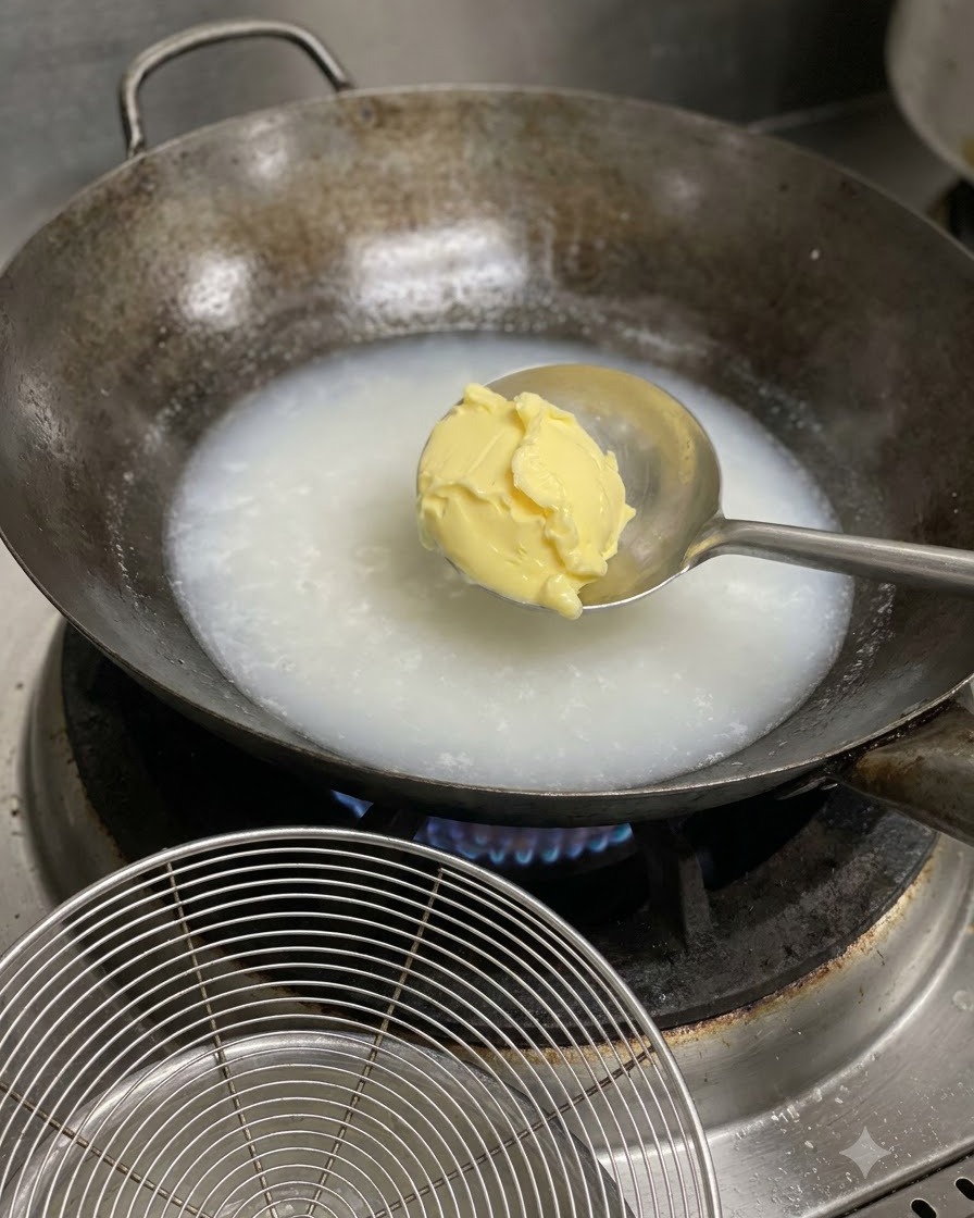 Un cucchiaio di burro o formaggio giallo aggiunto al brodo bianco fumante in un wok.