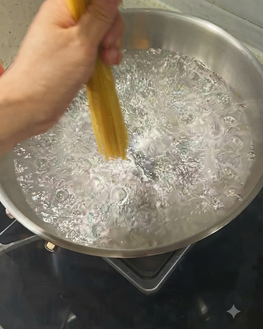 Una mano che tiene e immerge una manciata di spaghetti in una pentola di acqua bollente.
