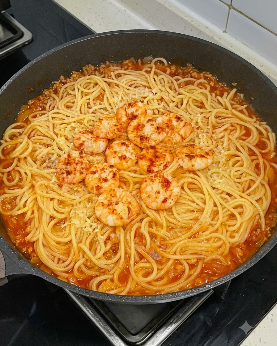Una padella di pasta e sugo di carne guarnita con un anello di gamberi scottati e una spolverata di formaggio grattugiato.