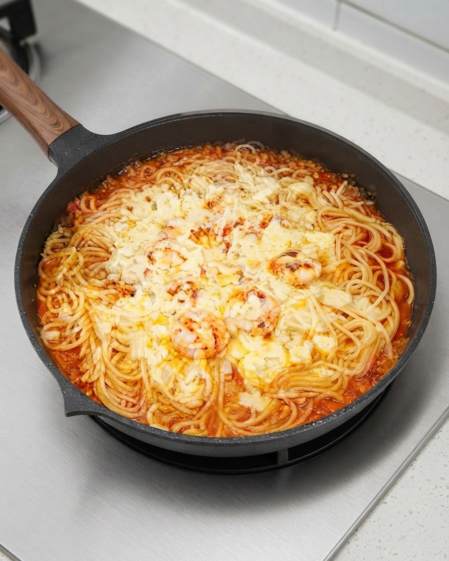 Una padella di pasta e gamberi interamente ricoperta da un generoso strato di formaggio fuso ed erbe aromatiche.
