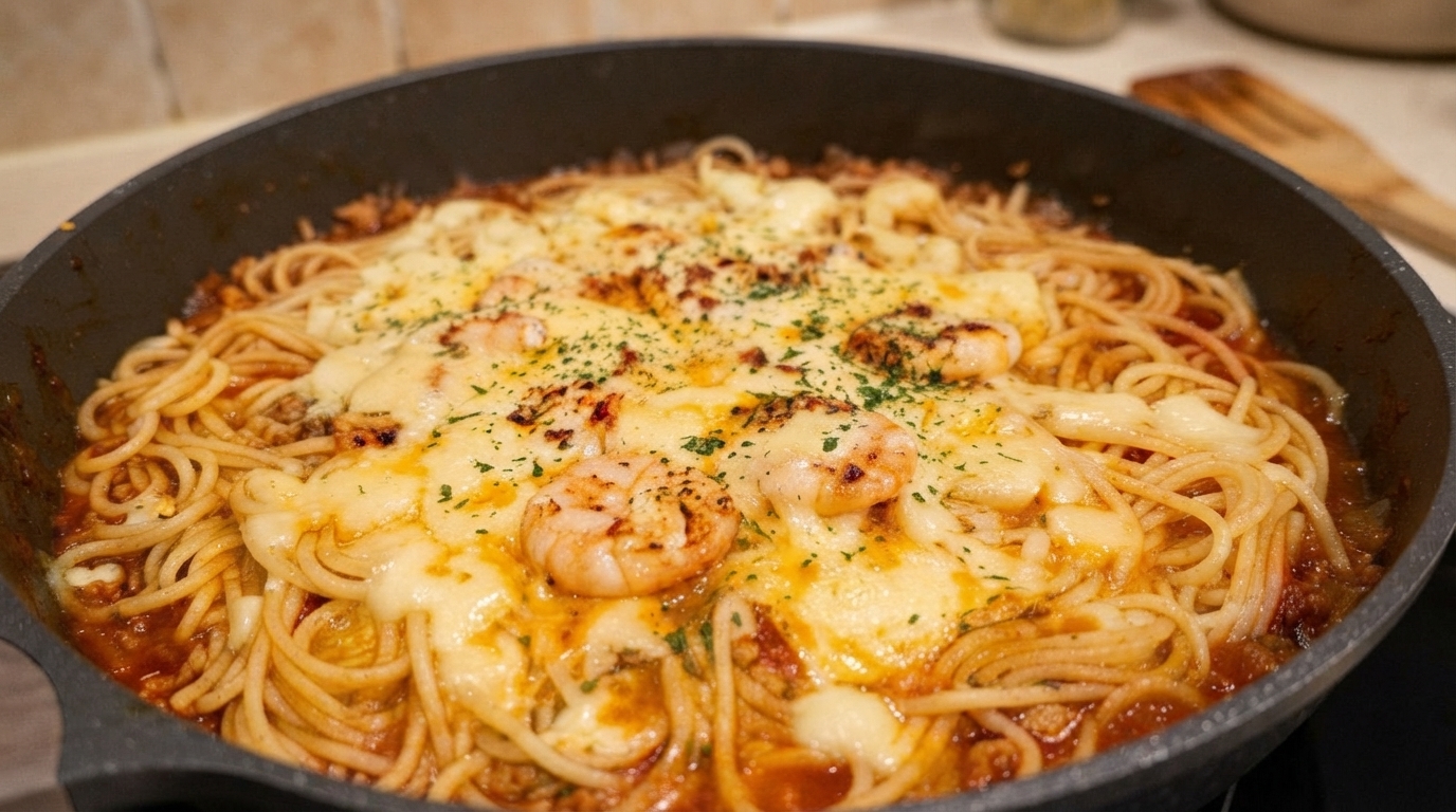 Pasta in Padella con Formaggio e Gamberi