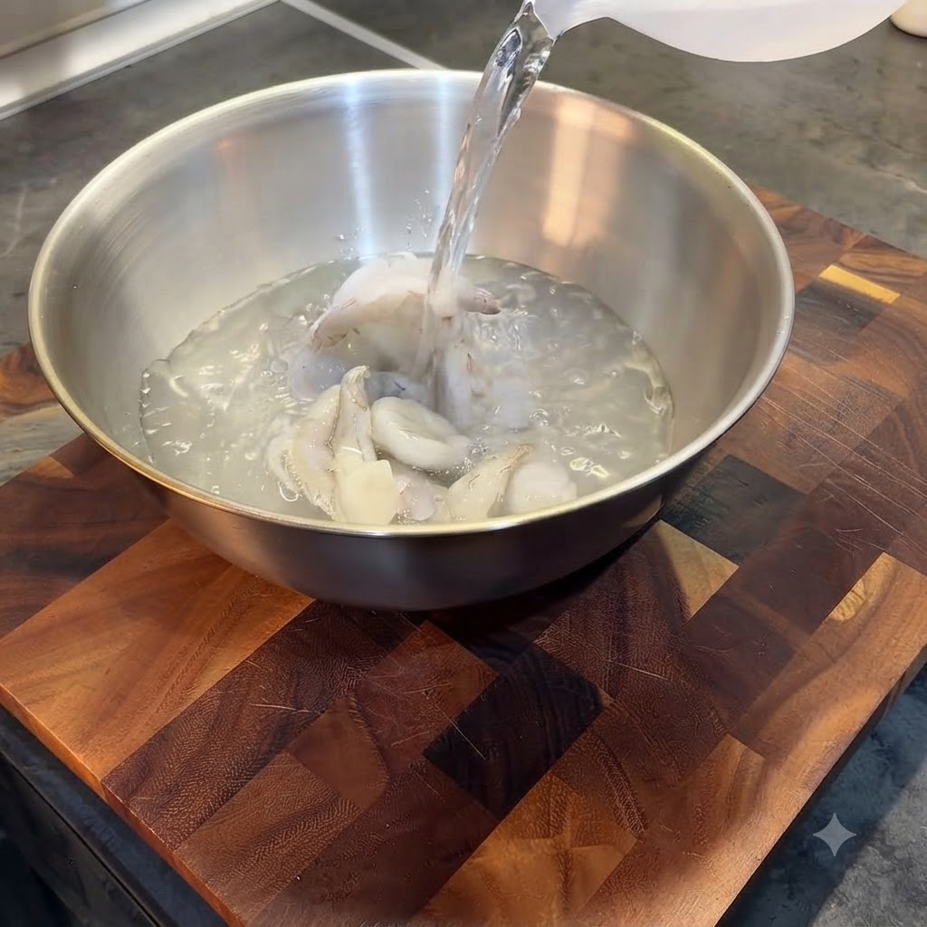 Acqua calda versata da una caraffa di plastica su gamberi surgelati in una ciotola di metallo.