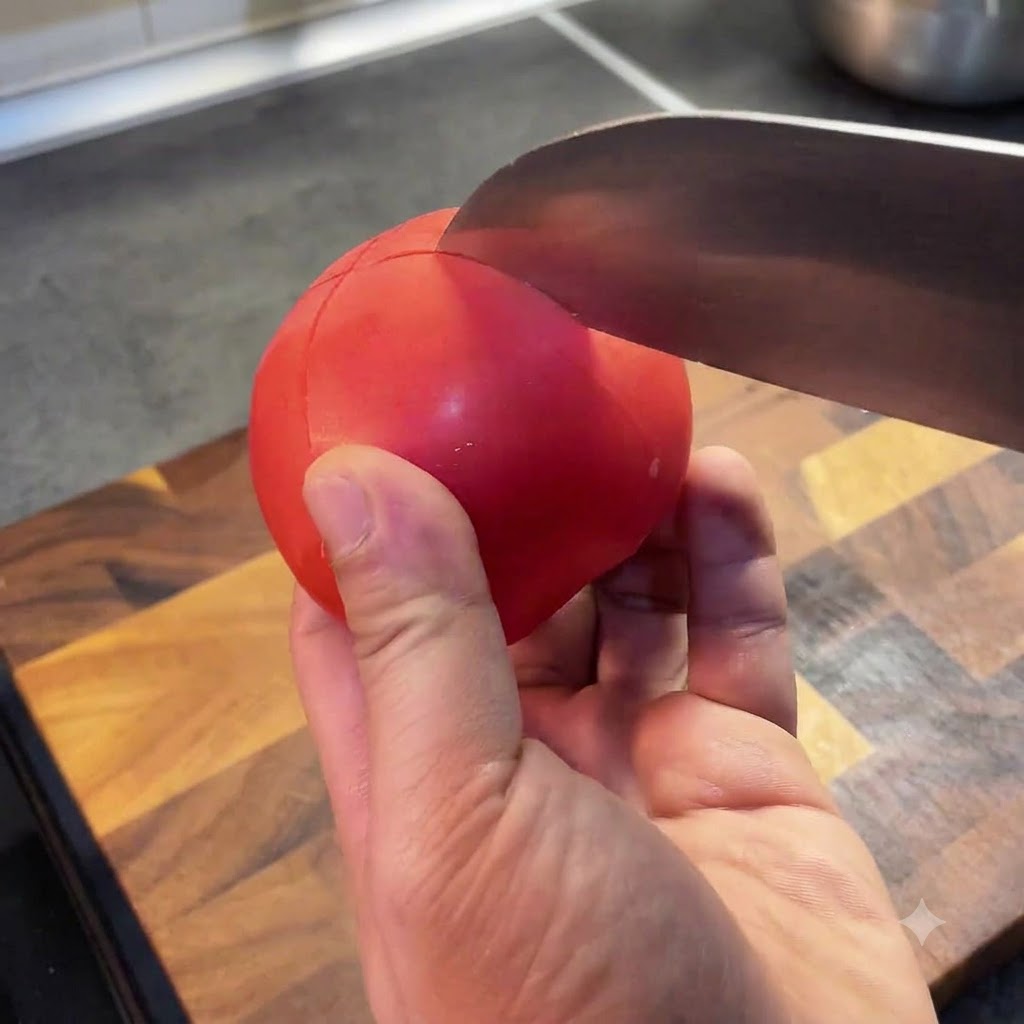 Una mano incide una X con un coltello da chef sulla sommità di un pomodoro rosso su un tagliere.