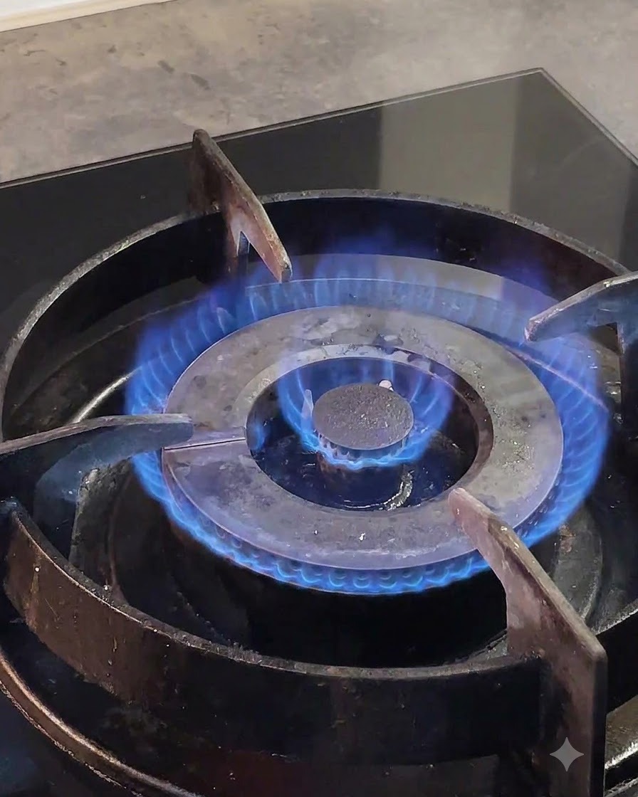Fiamma blu del fornello a gas sotto una griglia di metallo.