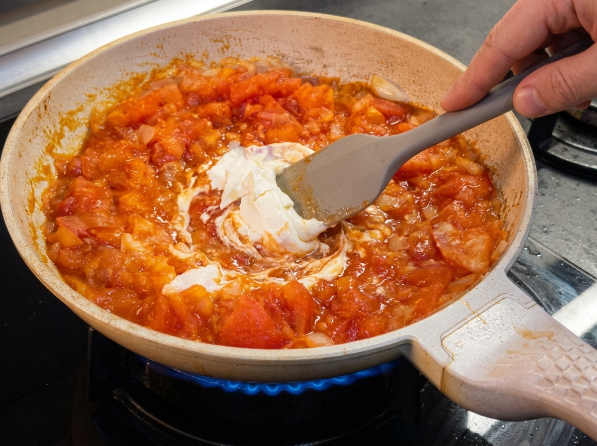 Un pezzo di formaggio spalmabile si scioglie in un vivace sugo di pomodoro e cipolla in ebollizione.