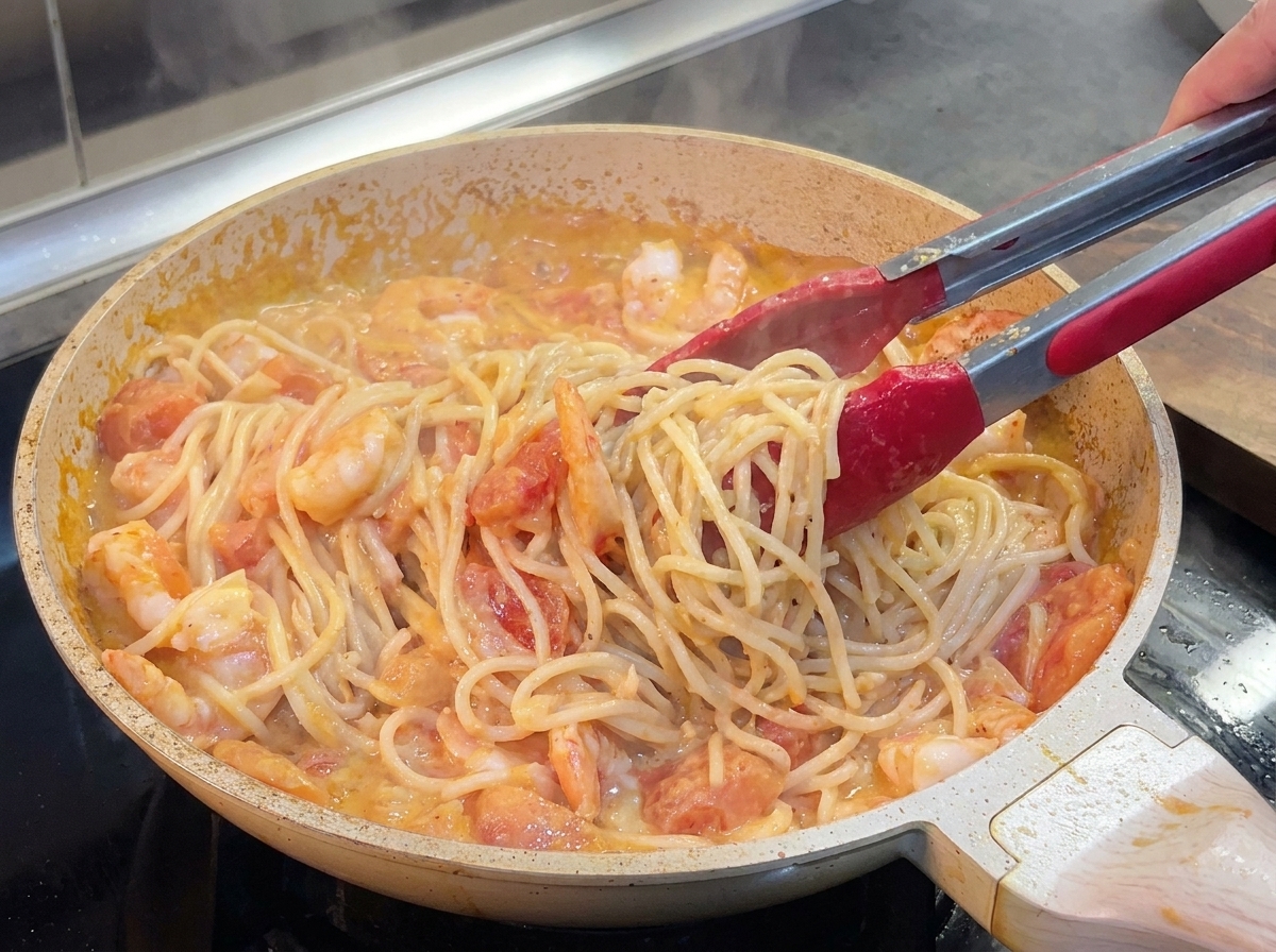 Spaghetti e gamberi saltati insieme con una pinza in un sugo cremoso al pomodoro allinterno di una padella.