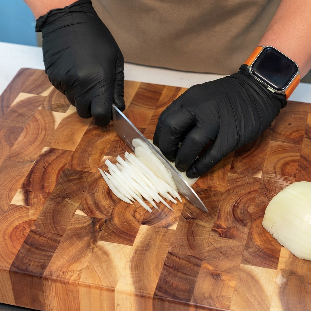 Cipolle gialle tagliate sottilmente su un tagliere di legno con un coltello da chef.