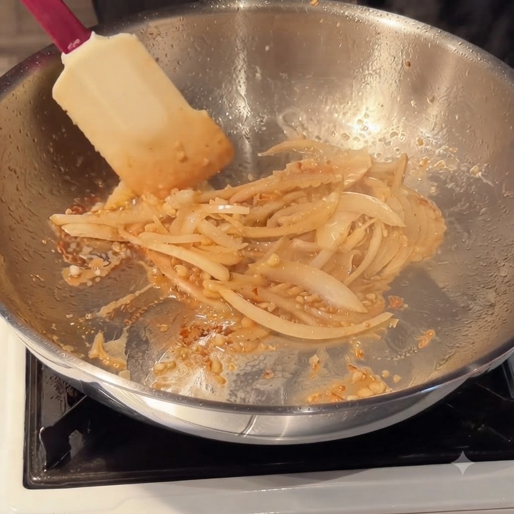Panna da cucina, pasta di peperoncino coreano e concentrato di pomodoro mescolati in una salsa in padella.