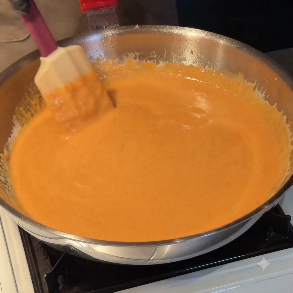 Pasta cotta incorporata in una salsa di panna arancione liscia allinterno di una padella in acciaio inossidabile usando una spatola.